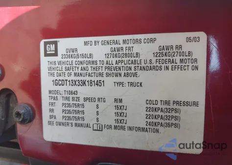 2003 Chevrolet S-10 Ls z USA, uszkodzony, nr VIN 1GCDT13X33K181451